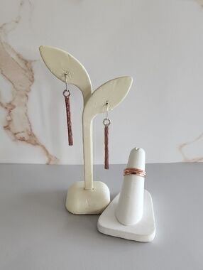 Set Copper Plated Silver Drop Earrings & Stackable Bands